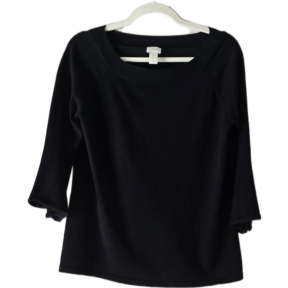 Chicos Black Square Neck Knit Top 3/4 Bell Sleeve Rayon Blend Size 1 Medium‎